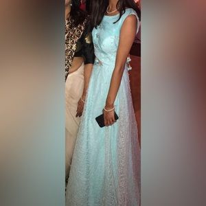 Blue net long anarkali Kurta with churidar and dupatta